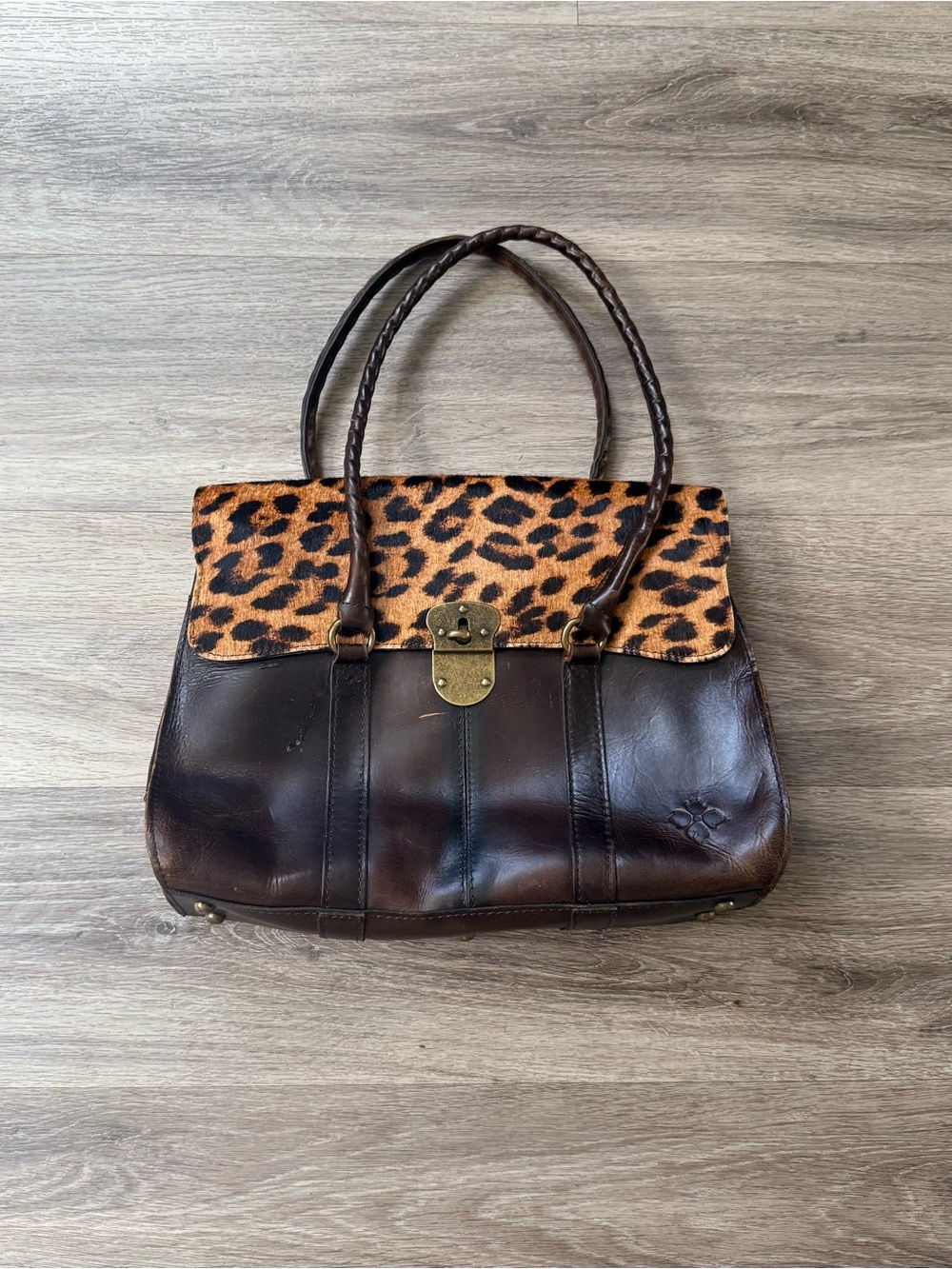 Patricia Nash Brown Leather Shoulder Bag with Leopard Flap